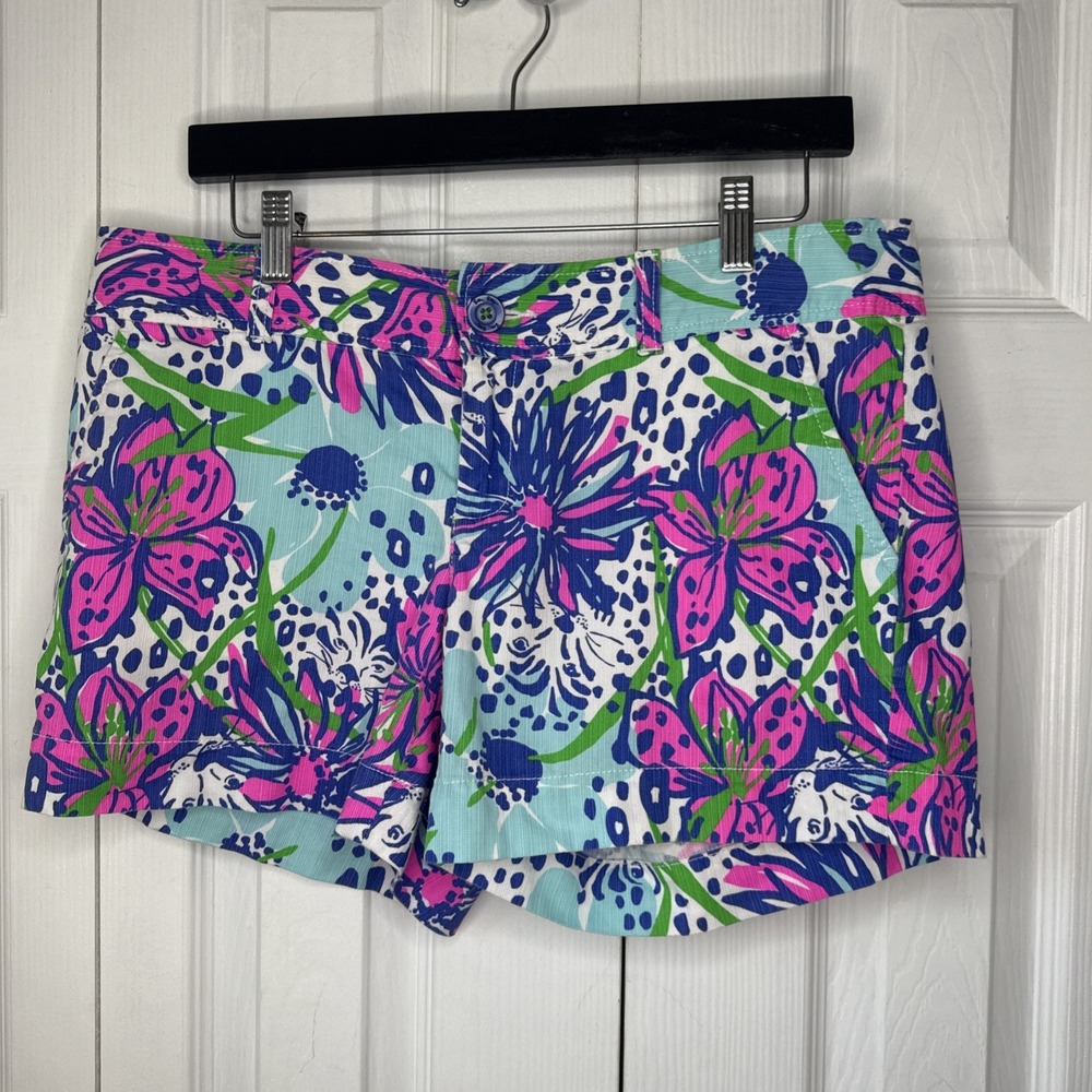 Lilly Pulitzer In The Garden Callahan Shorts Womens 10 Blue Pink Floral Cotton